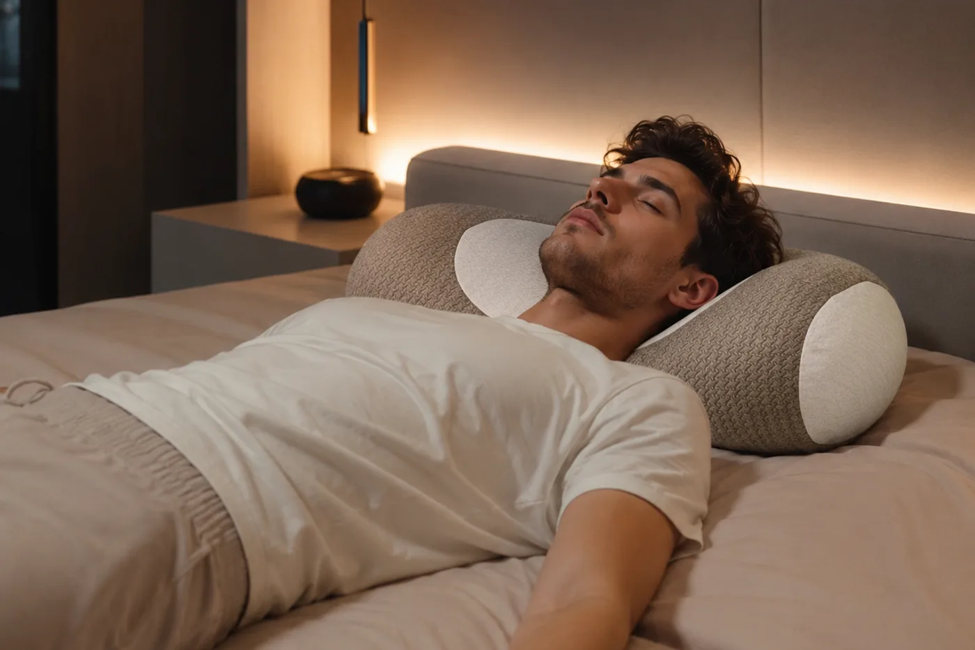 Man using the HuskRest cylindrical pillow as neck support while lying in bed